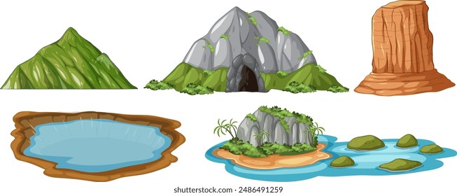 Various illustrated natural landscapes and formations