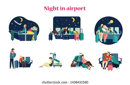 Various illustration set boys and girls sleeping waiting flight in departure lounge at night in airport. Flight delayed or canceled. Troubles during vacation. Flat cartoon vector 