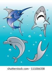 Various illustrations of Aquatic animals in ocean