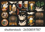 Various illustrations of beer mugs barrels and playful text about craft beer create a lively atmosphere. Perfect for celebrating Fridays with friends at a local pub or festival.