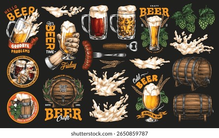 Various illustrations of beer mugs barrels and playful text about craft beer create a lively atmosphere. Perfect for celebrating Fridays with friends at a local pub or festival.