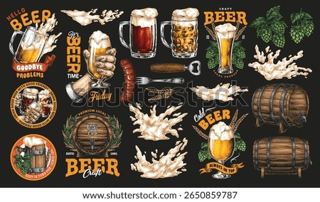 Various illustrations of beer mugs barrels and playful text about craft beer create a lively atmosphere. Perfect for celebrating Fridays with friends at a local pub or festival.