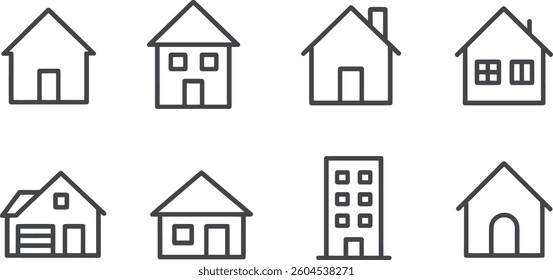 Various illustrations depict different styles of houses and buildings in a minimalist design. Each structure highlights unique features, showcasing a blend of urban and rural architecture.