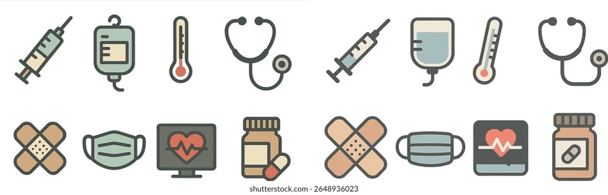 Várias ilustrações retratam ferramentas médicas essenciais, como seringas, termômetros e estetoscópios, destacando os principais elementos do cuidado de saúde e bem-estar.