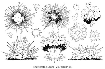 Various illustrations depict explosions with clouds bursts and splashes in black and white. Each design shows unique shapes and sizes highlighting powerful effects.