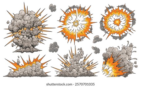 Various illustrations depict explosive effects showcasing bursts of orange and yellow flames along with clouds of smoke. The designs feature different forms of explosions with varying intensity.