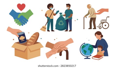 Various illustrations depicting community support, charity, and volunteer activities including helping the elderly, food donations, and environmental cleanup.
