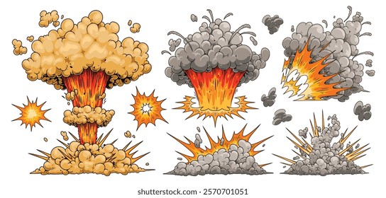 Various illustrations of explosive blasts showcase different styles and intensities.