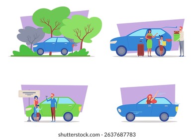 Various illustrations with family interactions with vehicles, including traveling, packing luggage, communicating, and celebrating moments