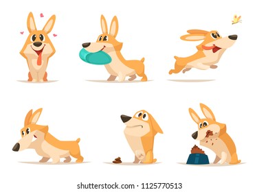 Various illustrations of funny little dog in action poses. Dog pet cute, animal happy