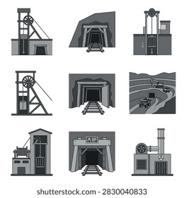 Various illustrations and icons representing the mining industry including mine shafts and entrances.