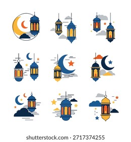 Diversas ilustraciones de linternas y símbolos de luna creciente