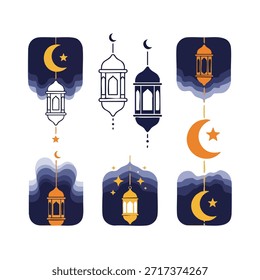Diversas ilustraciones de linternas y lunas crecientes en diferentes estilos