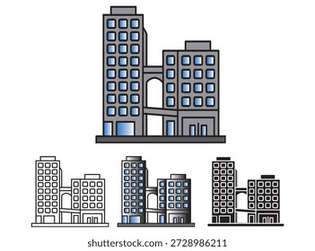 Various illustrations of a modern building complex with a connecting skybridge