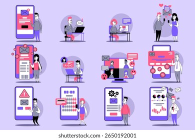 Various illustrations of people engaging with technology, focusing on digital communication through messaging, email, and notifications in creative way