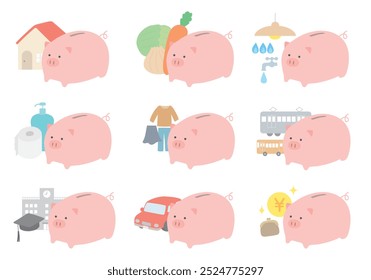 Various illustrations of pig piggy bank and household account book items