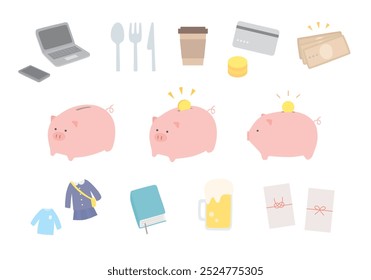 Various illustrations of pig piggy bank and household account book items