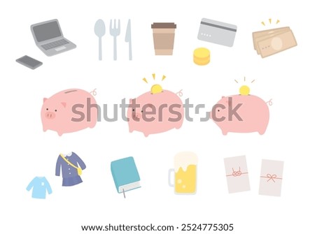 Various illustrations of pig piggy bank and household account book items