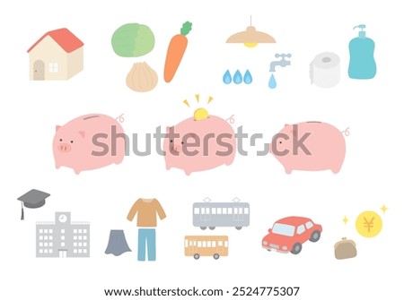 Various illustrations of pig piggy bank and household account book items