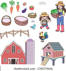 Various illustrations related to the farm, including farmers, animals, barns, chicken coops, vegetables, fences, etc.