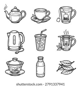 Various illustrations of tea pots cups kettles and other drink related items
