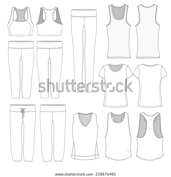 Various\
illustrations of Women\'s athletic\
wear.