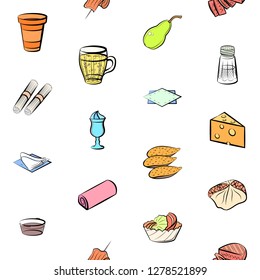 Various images set. Background for printing, design, web. Usable as icons. Seamless. Colored. food and drink.