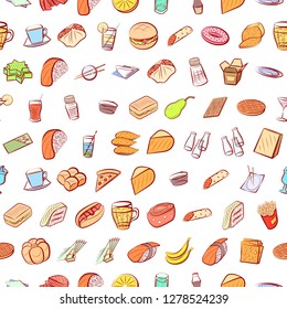 Various images set. Background for printing, design, web. Usable as icons. Seamless. Colored. food and drink,