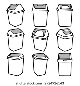 Varias Imágenes de botes de basura en forma de caja, en blanco y negro con líneas simples