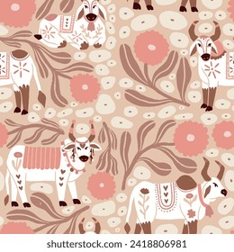 Various Indian Decorated Sacred Cows with marigold flowers and water Lilly leaves pink seamless pattern