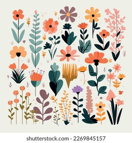 Various individual flowers, leaves, nature flat vector illustration