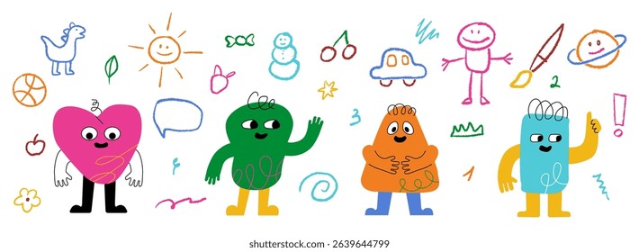Various individual monsters on the background of children's doodles. Vivid elements of kindergarten design.