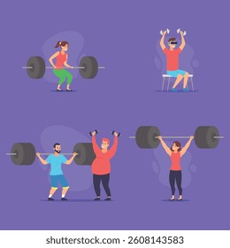 Various individuals engaged in different fitness routines, showcasing strength training with weights. Each person adopting unique exercise posture, demonstrating diversity in fitness practices