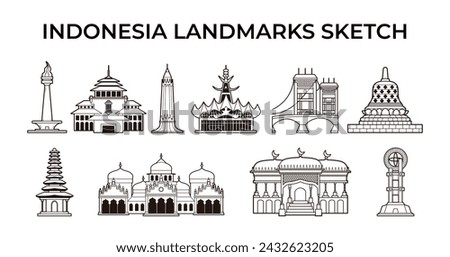 Various indonesian landmarks element outline sketch vector illustration set
