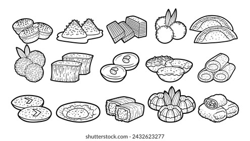 Various indonesian traditional snacks element outline sketch vector illustration set