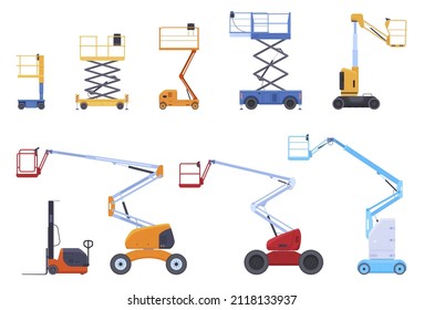 Diversos ascensores mecánicos industriales tijeras elevadoras plataforma con captación de cesta de ilustración plana vectorial. :: Establecimiento de horquillas y elevadores de transporte de la construcción para la entrega de carga y el apoyo al personal