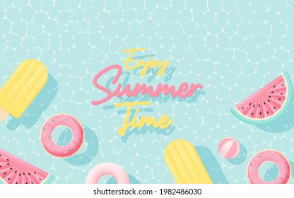 Various Inflatable floating in the pool with 3d and paper art style and pastel color vector illustration