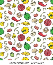 Various ingredients seamless background with chili and paprika