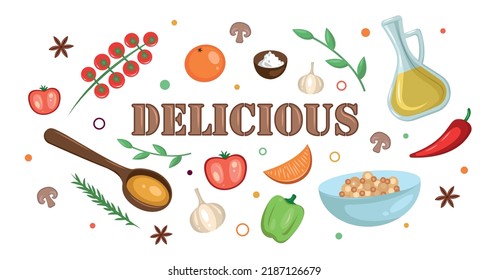 Various ingredients: vegetables, spices, oil - and it's all delicious!