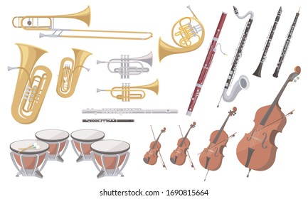 Various instruments used for classical music performances on white background. Vector illustration in flat cartoon style.