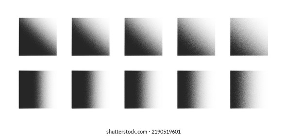 Various Intensity Density Black Noise Linear Gradient Abstract Graphic Grainy Textured Squares Vector Set Isolated On White Back. Dot Work Stipple Art Isolate Different Design Elements Collection