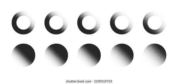 Various Intensity Density Black Noise Gradient Abstract Graphic Grainy Textured Round Forms Vector Set Isolated On White Back. Different Hand Drawn Stippled Circles Isolate Design Elements Collection