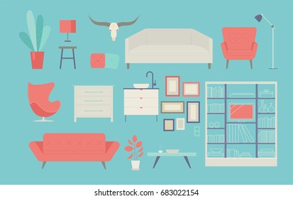 Various interior furniture and accessories vector illustration flat design