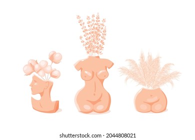 Various interior vases with dry grass set. Pampas grass, cotton, lavender. Vector flat illustration.
