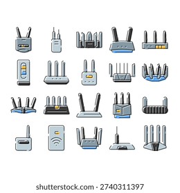 Various internet hardware including routers, modems, and signal boosters illustrating technology for establishing and extending wireless and wired network connections and data transmission