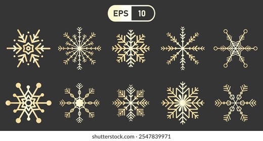 Varios diseños intrincados de copos de nieve en formato de Vector sobre fondo oscuro, mostrando patrones únicos y simetría.La Imagen está etiquetada como EPS 10, lo que indica su formato de Vector escalable.