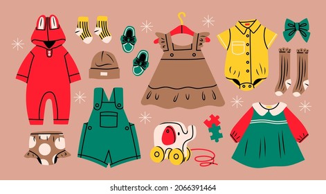 Various isolated clothes for kids and infants. Romper, pajamas, dress, hat, socks, body suit. Top view of baby clothes and accessories. Comfortable, cozy baby fashion concept. Hand drawn Vector set