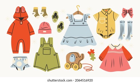 Various isolated clothing for kids and infants. Romper, pajamas, dress, hat, socks, body suit. Top view of baby clothes and accessories. Comfortable, cozy baby fashion concept. Hand drawn Vector set