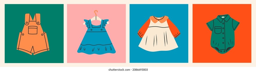 Various Isolated Clothing For Kids And Infants. Romper, Dresses, Body Suit. Baby Clothes And Accessories. Comfortable, Cozy Baby Fashion Concept. Cartoon Style. Hand Drawn Modern Vector Set