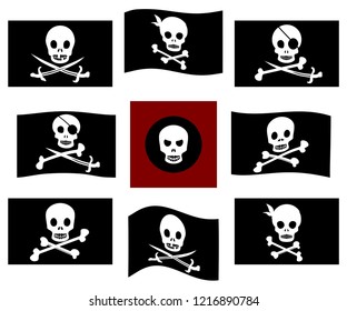 Various isolated pirate flags with skulls and bones. Jolly Roger flags set